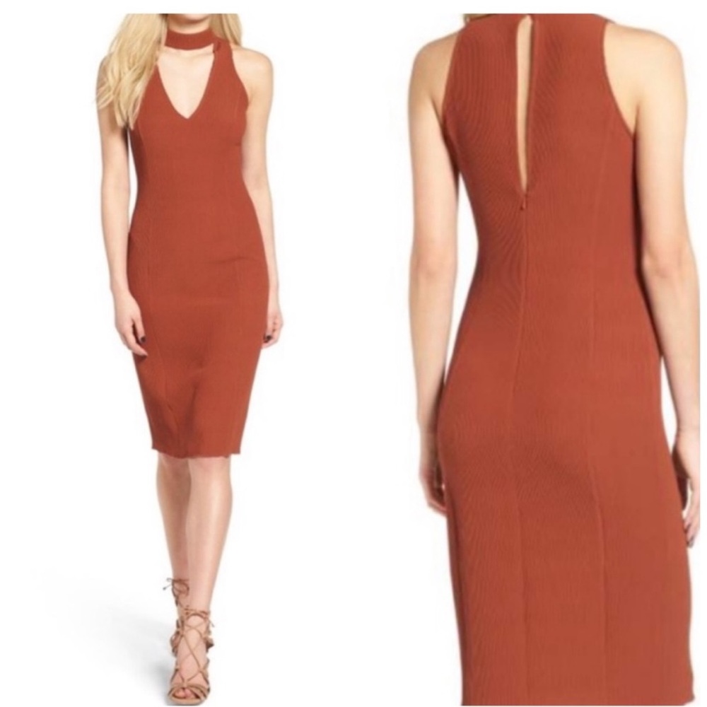 Leith ribbed halter key hole neck dress in rust orange color size XS